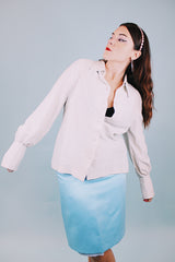 1970's long sleeve button up blouse with collar in a shiny silver metallic material