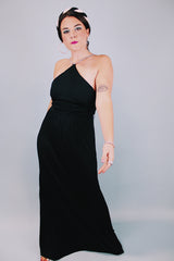 sleeveless long black evening dress with diamond neck and back straps 1980's vintage