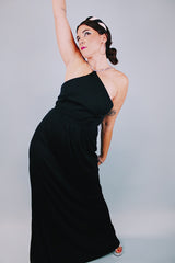 sleeveless long black evening dress with diamond neck and back straps 1980's vintage