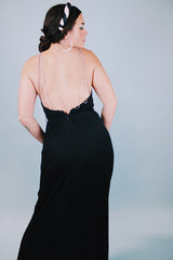 sleeveless long black evening dress with diamond neck and back straps 1980's vintage