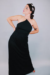 sleeveless long black evening dress with diamond neck and back straps 1980's vintage