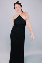sleeveless long black evening dress with diamond neck and back straps 1980's vintage