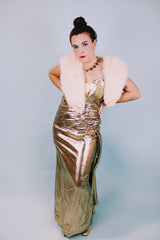 strapless 1980's gold metallic dress floor length with sweetheart neckline
