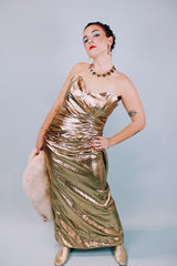 strapless 1980's gold metallic dress floor length with sweetheart neckline
