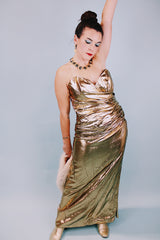 strapless 1980's gold metallic dress floor length with sweetheart neckline