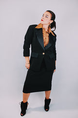 black blazer and high waisted midi skirt set 1980's vintage
