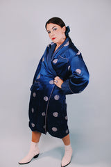 long sleeve navy silk kimono robe with white pattern all over 1940's vintage