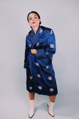long sleeve navy silk kimono robe with white pattern all over 1940's vintage