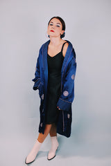 long sleeve navy silk kimono robe with white pattern all over 1940's vintage