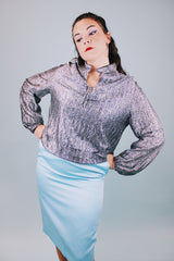 long sleeve silver metallic tunic blouse with mandarin collar and tie neck