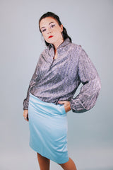 long sleeve silver metallic tunic blouse with mandarin collar and tie neck