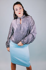 long sleeve silver metallic tunic blouse with mandarin collar and tie neck