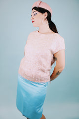 short sleeve pink beaded and sequined cotton blend blouse 1960's vintage