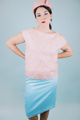 short sleeve pink beaded and sequined cotton blend blouse 1960's vintage