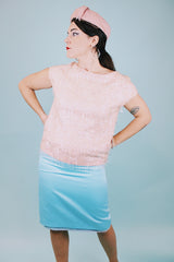 short sleeve pink beaded and sequined cotton blend blouse 1960's vintage