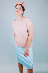short sleeve pink beaded and sequined cotton blend blouse 1960's vintage