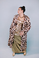 ankle length long sleeve button up faux fur leopard print coat 1970's vintage