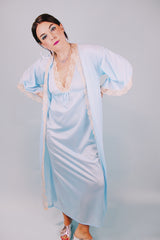 baby blue sleeveless nightie and matching bell sleeves robe with cream lace trim 1970's vintage