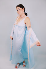 baby blue sleeveless nightie and matching bell sleeves robe with cream lace trim 1970's vintage