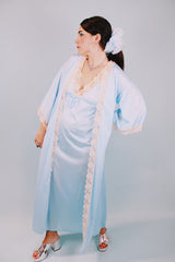 baby blue sleeveless nightie and matching bell sleeves robe with cream lace trim 1970's vintage
