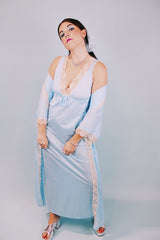 baby blue sleeveless nightie and matching bell sleeves robe with cream lace trim 1970's vintage