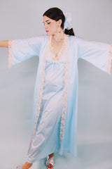 baby blue sleeveless nightie and matching bell sleeves robe with cream lace trim 1970's vintage