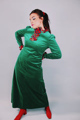 long sleeve ankle length green velvet dress with red tartan ruffles around collar and cuffs 1960's vintage