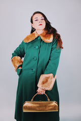 knee length long sleeve wool green coat with brown faux fur collar and trim on cuffs 1940's vintage