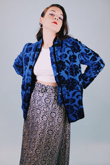 long sleeve blue velvet floral burn out pattern kimono style lightweight jacket with mandarin collar 1980's vintage