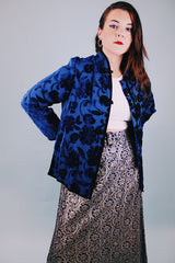 long sleeve blue velvet floral burn out pattern kimono style lightweight jacket with mandarin collar 1980's vintage