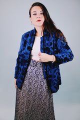 long sleeve blue velvet floral burn out pattern kimono style lightweight jacket with mandarin collar 1980's vintage