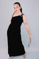 ankle length black velvet form fitting dress sleeveless with one thick strap and one thin strap and rhinestone buckle 1970's vintage