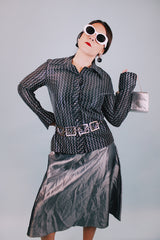 long sleeve button up blouse with collar in black with silver metallic zig zag stripes vintage 1970's