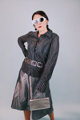 long sleeve button up blouse with collar in black with silver metallic zig zag stripes vintage 1970's