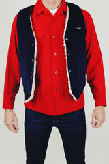 navy corduroy men's sleeveless wrangler vest with cream sherpa interior buttons up front