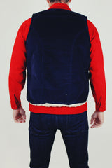 navy corduroy men's sleeveless wrangler vest with cream sherpa interior buttons up front