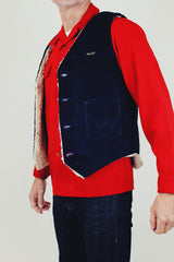 navy corduroy men's sleeveless wrangler vest with cream sherpa interior buttons up front