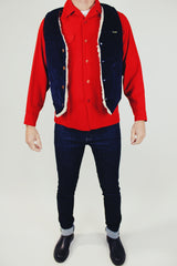 navy corduroy men's sleeveless wrangler vest with cream sherpa interior buttons up front