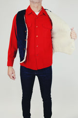 navy corduroy men's sleeveless wrangler vest with cream sherpa interior buttons up front