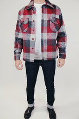 long sleeve vintage wool men's plaid button up jacket red and grey