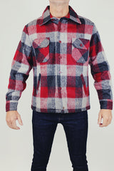 long sleeve vintage wool men's plaid button up jacket red and grey