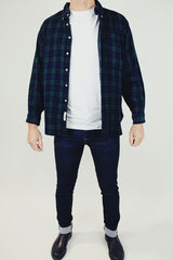 long sleeve navy and green tartan print vintage wool men's pendleton button up shirt
