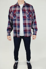 vintage pendleton long sleeve plaid men's wool button up in grey blue and maroon