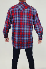 long sleeve men's vintage pendleton wool button up shirt in red blue and grey plaid