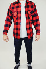 long sleeve buffalo plaid vintage men's button up in red and black with collar