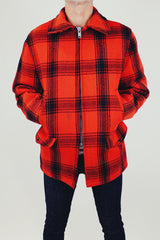 wool vintage hunting jacket in red and black plaid print and zip up front men's