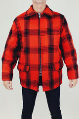 wool vintage hunting jacket in red and black plaid print and zip up front men's