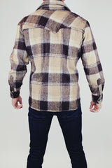 long sleeve men's vintage wool button up shirt in brown and cream plaid with collar