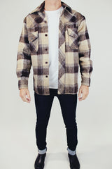 long sleeve men's vintage wool button up shirt in brown and cream plaid with collar