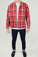 long sleeve wool button up shirt with collar in red and grey plaid men's vintage